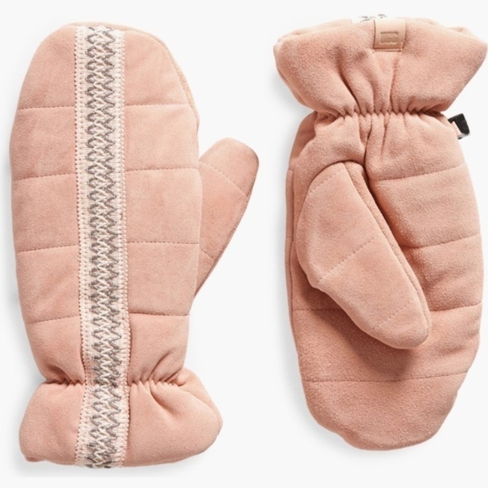 UGG® Tasman Quilted Suede Lined Mittens APPLE BLOSSOM Logo Tag NWT